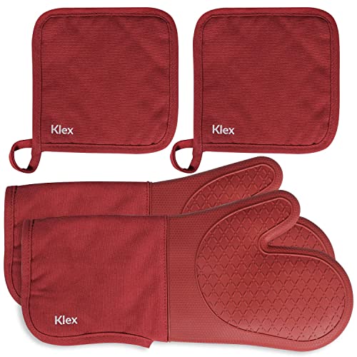 Extra Long Silicone Oven Mitts and Pot Holders (Oven Mitts Set / Red)