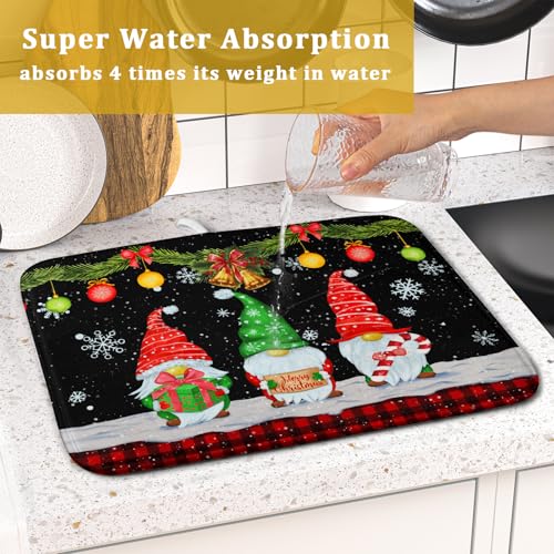 Merry Christmas Dish Drying Mat Black Gnomes Dish Drainer Mats 16x18 Inch Holiday Decorative Absorbent Dishes Pad for Kitchen Counter Sink (Christmas Black Gnomes / 16" x 18")