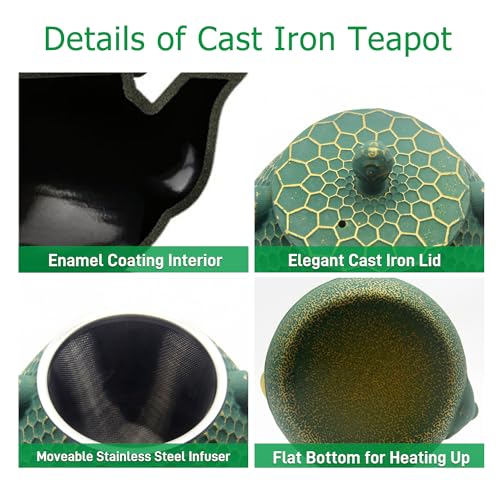 Cast Iron Teapot and Tea Cups Set (Dark Green Hexagon Pattern, 1000ml/34oz with Cups and Cup Mats)