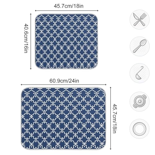 Super Absorbent Dish Drying Mat Microfiber Fast (Navy Blue Moroccan Mandala / 16" x 18")