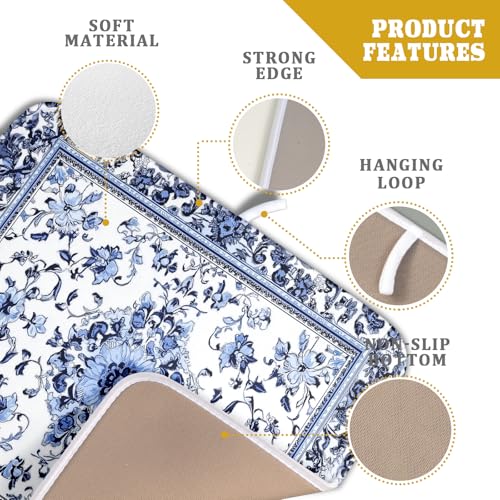 Boho Floral Dish Drying Mat 16x18 Inch Blue Leaves Kitchen Drying Pad Reversible Absorbent Dish Drainer Rack Mats Counter Tableware Decor (Blue Boho Floral / 16" x 18")