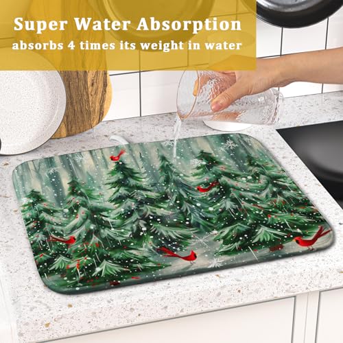 Winter Pine Tree Dish Drying Mat Red Bird Berry Dishes Drainer Mats Absorbent Microfiber Kitchen Counter Protector Drying Mats 16x18 Inch (Winter Pine Tree / 16" x 18")