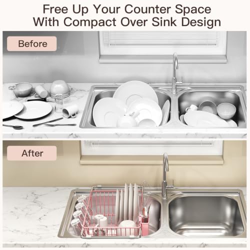 Pink Expandable Dish Drying Rack Over Sink with Extra Drying Mat (Pink / For 11.5"-16" W Sink with Cup Holder & Mat)
