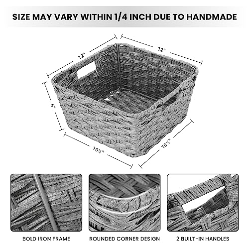 2 Pack Plastic Wicker Kitchen Storage Baskets (12" x 12" x 6" / Grey)