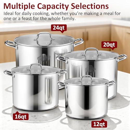 24-Quart 18/10 Stainless Steel Stock Pot with Lid, Large Heavy Duty Soup Pot Compatible with Electric, Gas, Induction and Gas Cooktops, Non-Toxic & Corrosion Resistant, Dishwasher Safe (24 Quarts)