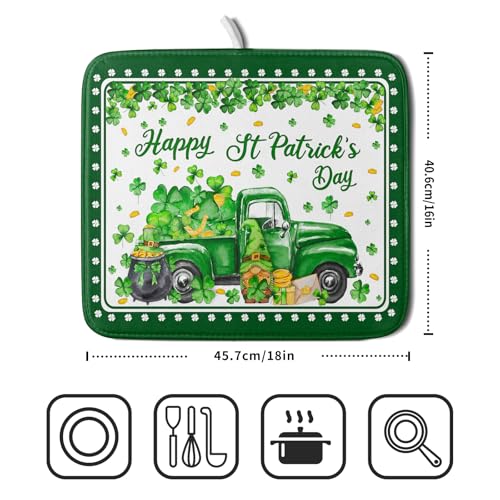 Shamrock Gnome Truck Dish Drying Mat Lucky Clover Dish Drainer Mat 16x18 inch Absorbent Fast Dry Pad for Kitchen Counter Coffee Bar Decor (Shamrock Gnome Truck / 16" x 18")