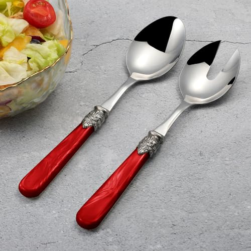 2 piece Salad Servers Stainless Steel Salad Serving Set Salad Fork and Spoon (Red)