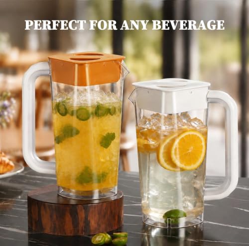 2 Pack Plastic Pitcher with Lid (White & Brown)