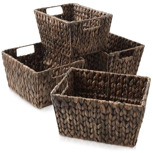 Set of 4 Water Hyacinth Storage Baskets with Handles (Espresso - Hyacinth)