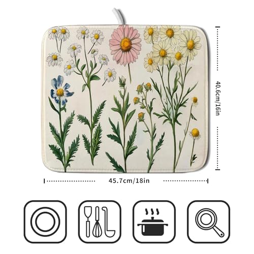 Vintage Wildflowers Dish Drying Pad Daisy Floral Microfiber Drainer Rack for Coffee Bar 16 X 18 Inch (Blossom Daisy 1104 / 18" x 16")
