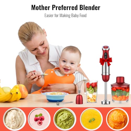 5-in-1 Hand Immersion Blender, 1000W 12 Speed Handheld Blender Stick with Copper Motor Stainless Steel Blade, 600ml Mixing Beaker,500ml Food Processor, Whisk, Milk Frother, Non-BPA, Red (Red)