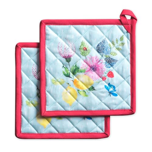 Pot Holders 100% Cotton Potholders (093 - Jardin D'ete - Mint / 8" x 8" (Pot Holder Pack of 2))