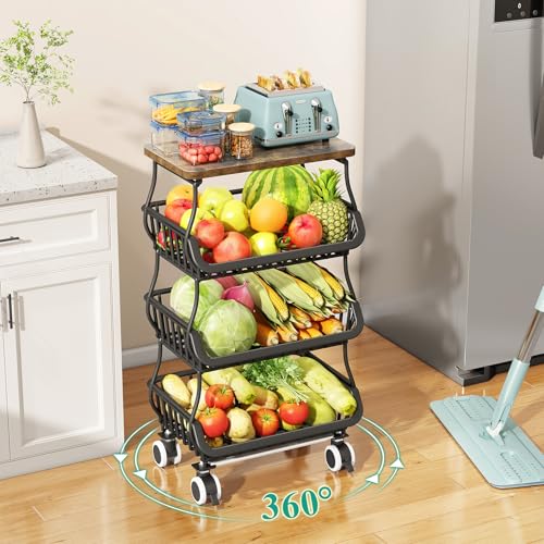 4 Tier Fruit and Vegetable Basket Stand for Kitchen (Black / 4 Tiers)