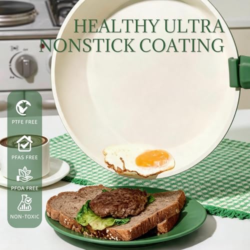 Ceramic Cookware Set Non Stick 8Pcs Pots and Pans Set Detachable Handle Induction Kitchen Cooking Set with Frying Pans Oven Dishwasher Safe (Forest)