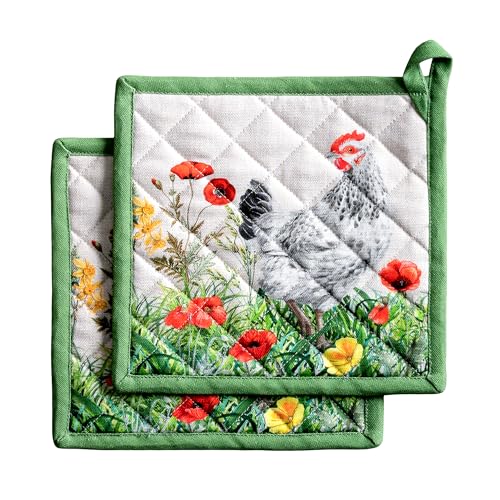 Pot Holders 100% Cotton Potholders (018 - Basse Cour / 8" x 8" (Pot Holder Pack of 2))