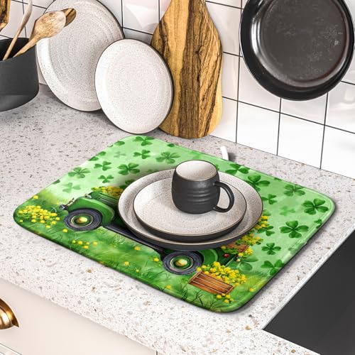 Dish Drying Mat for Kitchen Counter St Patricks Festival Decor Small (Green Lucky Truck / 18" x 16")