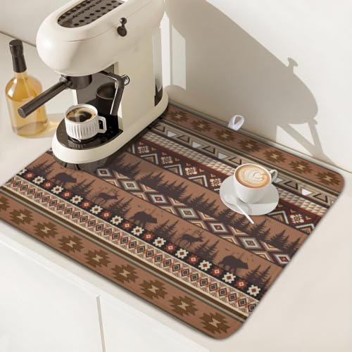 Rustic Bear Deer Dish Drying Mat Boho Ethnic Drainer Rack Pad 16x18 Inch Microfiber Absorbent Dish Sink Mat for Counter Kitchen Tableware (Rustic Bear Deer / 16x18 inch)