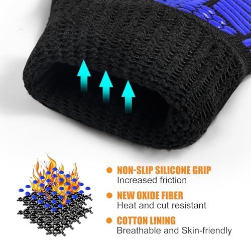 BBQ Gloves 1472°F Heat Resistant with Silicone Grip Oven Mitts (Blue / Long (Glove L 13.78" × Palm W 6.33"))