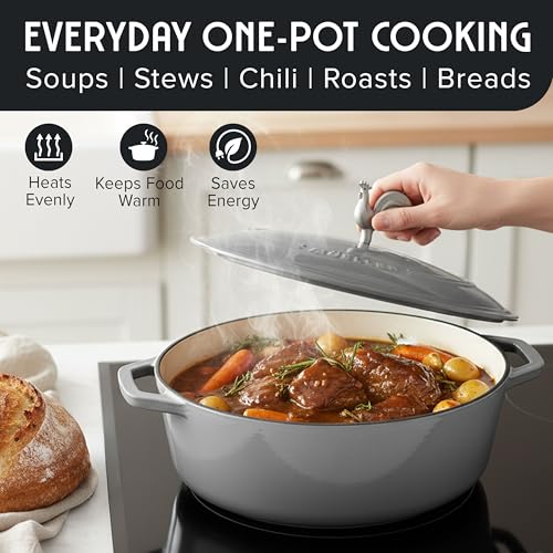 MUELLER HOME 5.5 Quart Enameled Cast Iron Oval Dutch Oven with Rooster Knob & Cotton Potholders (5.5 Quart -Oval / Gray)