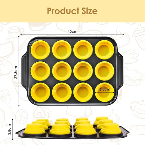 12 Cups Silicone Muffin Pans for Baking with Metal Frame (12 Cups Yellow)