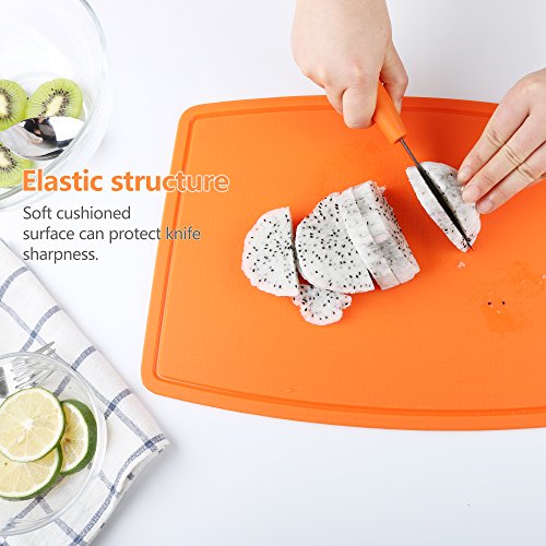 Thick Silicone Cutting Board 12.6'' x 9.1'' Juice Grooves Easy Grip Handle Dishwasher Safe (12.6"L x 9.1"W / Orange)