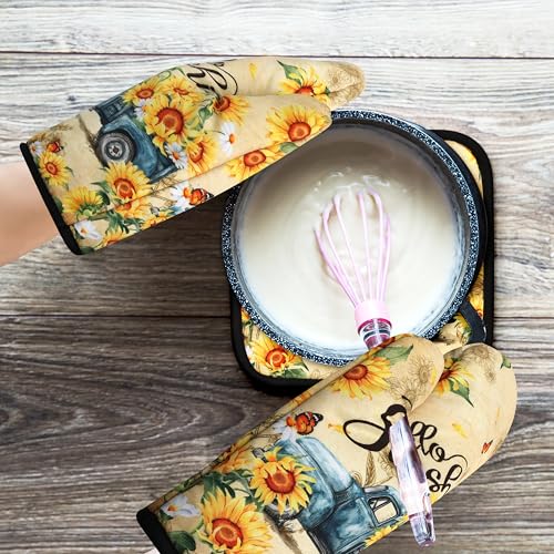 Sunflower Oven Mitts and Pot Holders Sets Vintage Floral Oven Gloves Heat Resistant 4 Pcs Farmhouse Decorative Kitchen Hot Pads and Mitts for Baking Cooking Grilling (Yellow Blue)