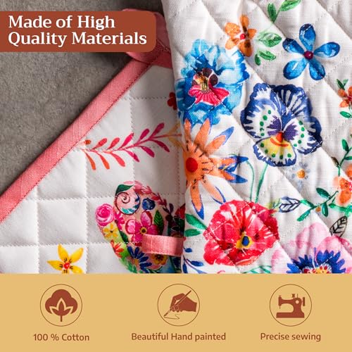 100% Cotton Oven Mitt & Pot Holder Set (052 - Happy Florals - High Summer / 7.5" x 13" & 8" x 8" (Oven Mitt & Pot Holder))