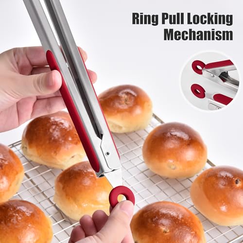 Kitchen Tongs with Silicone Tips for Cooking Serving (12in / Red)