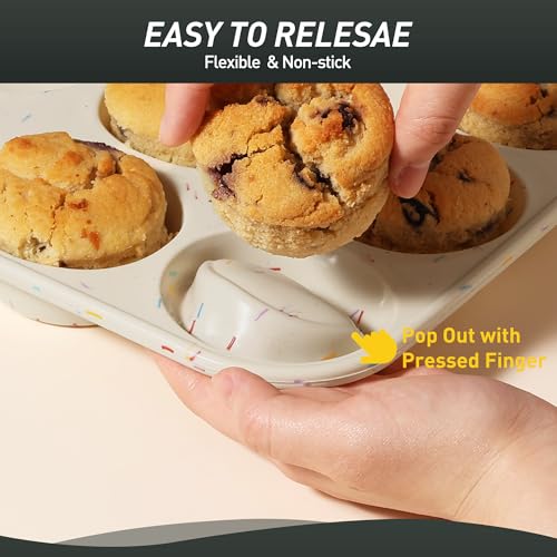 2 Pack 12 Cups Silicone Muffin Pan with Metal Reinforced Frame Regular Size Silicone Molds Cupcake Cake Baking Pans Cookie Baking Chocoflan Cupcake Mold Not Stainless Steel Ceramic Aluminum (2pc: 12-Cup Regular / Black and Cream)