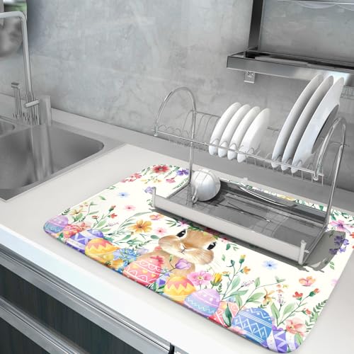 Easter Rabbit Dish Drying Mat Spring Flower Dish Drainer Rack Mats 18x24 inch Absorbent Microfiber Fast Dry Pad Kitchen Counter Accessories (Easter Rabbit Floral / 24" x 18")