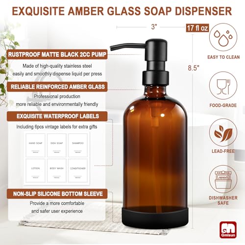 Amber Glass Soap Dispenser with Silicone Sleeve Boot (Amber Bottle + Black Pump + Silicone Boot / 2 Pack)