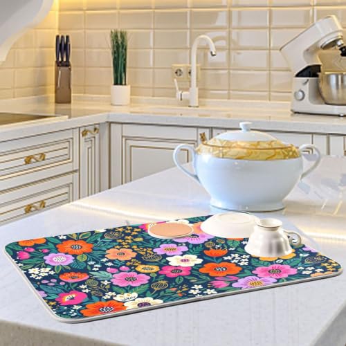 Flower Floral Dish Drying Mat for Kitchen Counter Absorbent Microfiber Drying Pad (18" x 24")