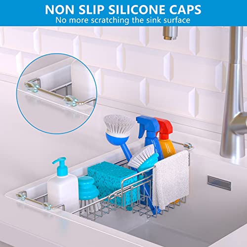 Over The Kitchen Sink Caddy Sponge Holder Organizer Drying Rack Expandable for Sponge Brush Soap Dish Cloth Rag (12.25" to 17.25")