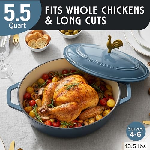 MUELLER HOME 5.5 Quart Enameled Cast Iron Oval Dutch Oven w Rooster Knob & Cotton Potholders (5.5 Quart -Oval / Mineral Blue)