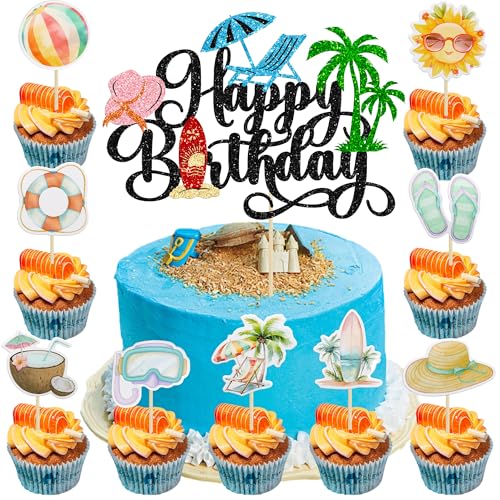 37Pcs Summer Beach Pool Cupcake Toppers Glitter Beach Happy Birthday Cake Topper Ball Sun Umbrella Water Gun Cupcake Picks for Tropical Hawaii Theme Birthday Party Decorations Supplies Black (Black 3)
