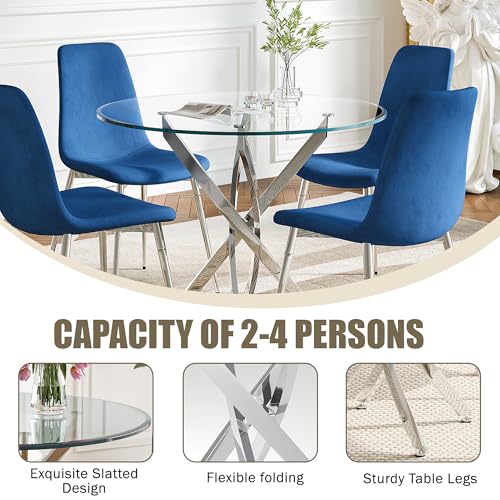 36" Round Glass Dining Table Set for 4 (Silver Round Table/Blue Velvet Chairs / 5 Pieces)