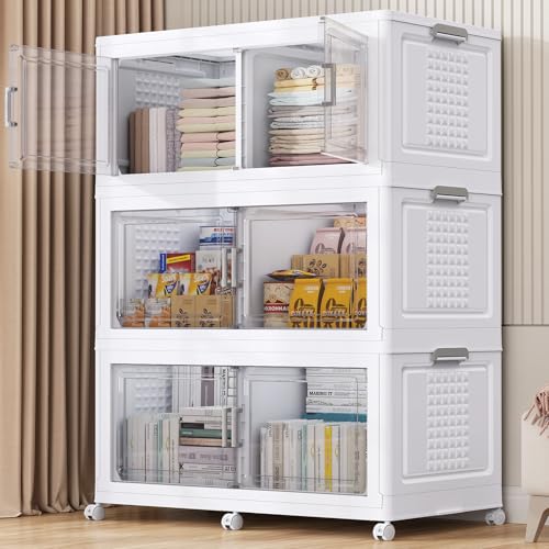 150Gal XL Stackable Storage Bins Foldable Box Cabinet for Home (White / 200QT-3Pack)