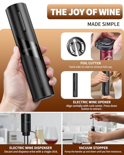 5-in-1 Electric Wine Bottle Opener Set, Rechargeable Wine Opener Kit, Cordless Wine Gift Set with Foil Cutter, Electric Aerator & Pourer and Vacuum Stopper for Wine Lovers, Black (Upgrade Black / Electric Wine Aerator Set)