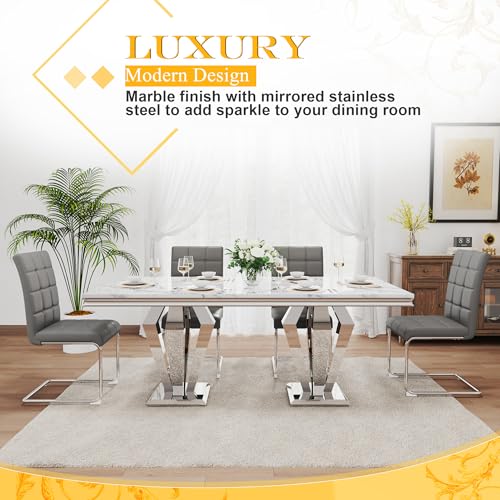 7 Piece Luxury Dining Room Set (Silver White + Grey / Dining Table + 6 U-shape Chair)
