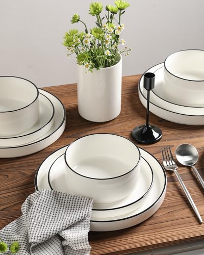 Sweejar Porcelain Dinnerware Sets for 6 (Pure White-Black Rim / Service for 6 (18pcs))