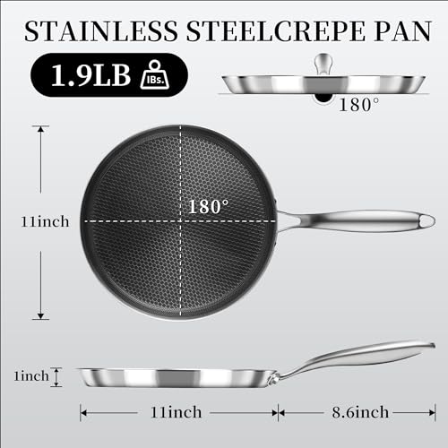 Nonstick Crepe Pan 11inch Stainless Steel Crepe Pan Honeycomb Coating Flat Skillet Tawa Dosa Tortilla Pan (11inch)