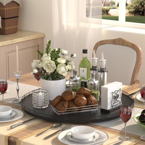 24 Inch Extra Large Oak Lazy Susan with Black Metal Rail (Black / 24)