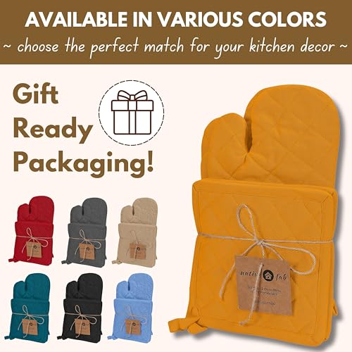 4 Piece Set 2 Oven Mitts & 2 Potholders (Mustard Yellow)