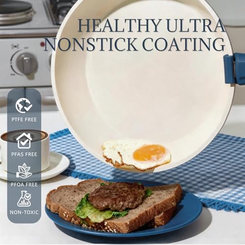 8Pcs Pots and Pans Set Nonstick Ceramic Cookware Set Removable Handle Induction Kitchen Cooking Set with Frying Pans and Sauce Pan (Blue)