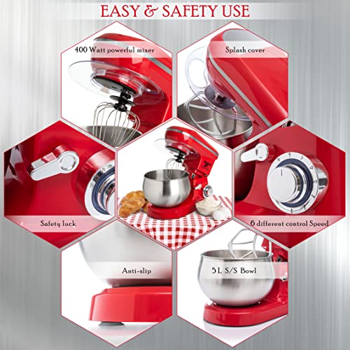 Stand Mixer 6 Speed Electric Mixer With 5.5 Quart Stainless Steel Mixing Bowl (Red)