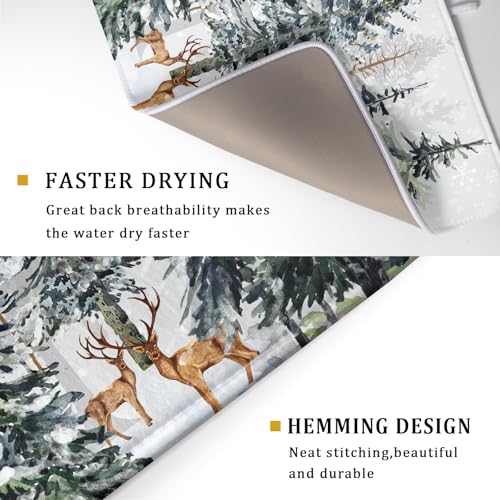 Pine Tree Dish Drying Mat for Kitchen Counter 18x24 Inch Forest Deer Absorbent Dishes Drainer Mats Reversible Microfiber Quick Dry Rack Pad (Pine Tree Deer / 18" x 24")