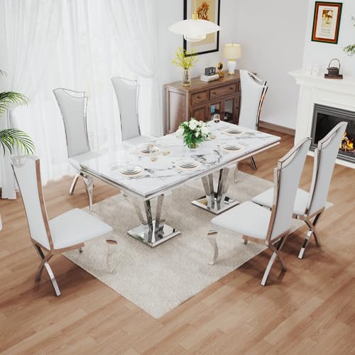 7 Piece Luxury Dining Room Set (Silver White + White / Dining Table + 6 High Back Chairs)