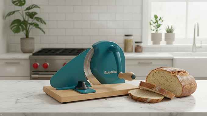 Zassenhaus Original Classic Adjustable Bread Slicer for Uniform Slices - Bread Slicer for Homemade Bread - 18/8 Stainless Steel Blade Sourdough Cutter-Water Blue 11.75" x 8"