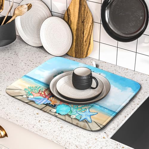 Coastal Coral Dish Drying Mat 16x18 inch Starfish Shell Fast Dry Microfiber Dish Rack Mats Drainer Pad for Countertop Kitchen Table Decor (Coral Vase / 16" x 18")