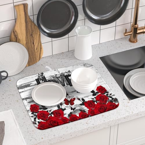 Red Rose Dish Drying Mat 16x18 inch Romantic Floral Absorbent Microfiber Sink Counter Dishware Drainer Pad for Kitchen Coffee Bar Decor (Red Rose / 16 x 18 inch)